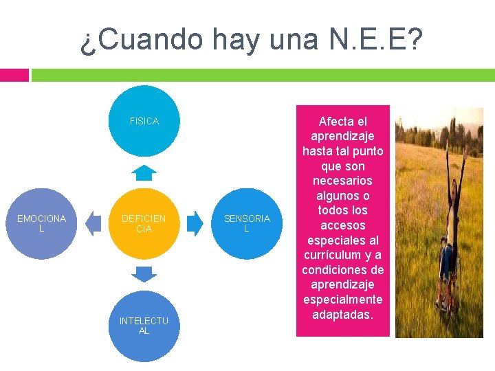 ¿Cuando hay una N. E. E? FISICA EMOCIONA L DEFICIEN CIA INTELECTU AL SENSORIA