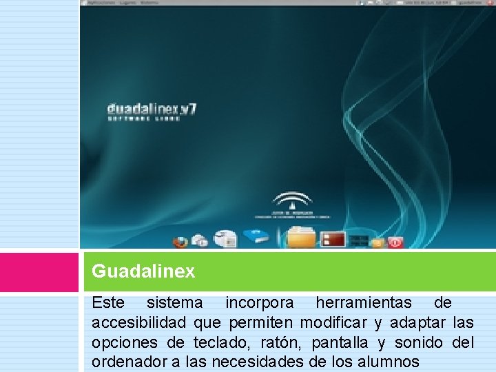 Guadalinex Este sistema incorpora herramientas de accesibilidad que permiten modificar y adaptar las opciones