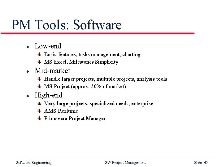 PM Tools: Software l Low-end Basic features, tasks management, charting MS Excel, Milestones Simplicity