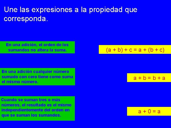 Une las expresiones a la propiedad que corresponda. En una adición, el orden de