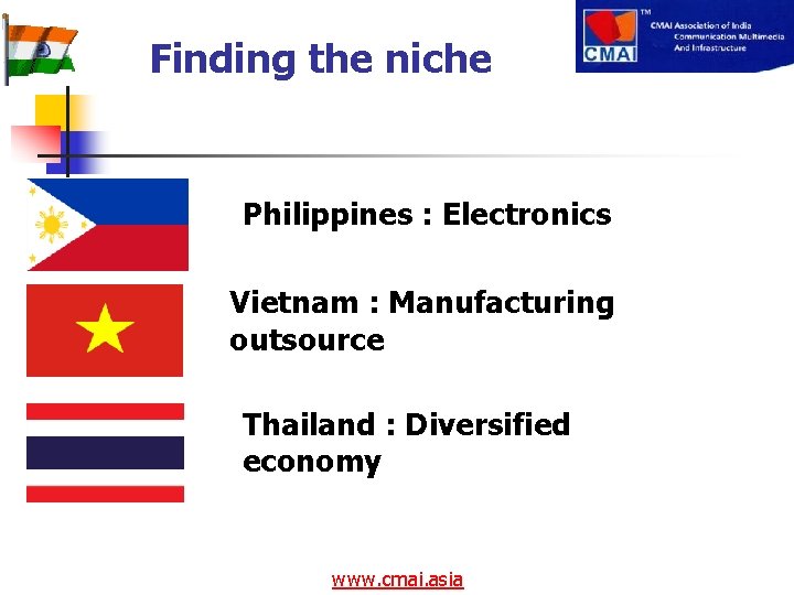 Finding the niche Philippines : Electronics Vietnam : Manufacturing outsource Thailand : Diversified economy