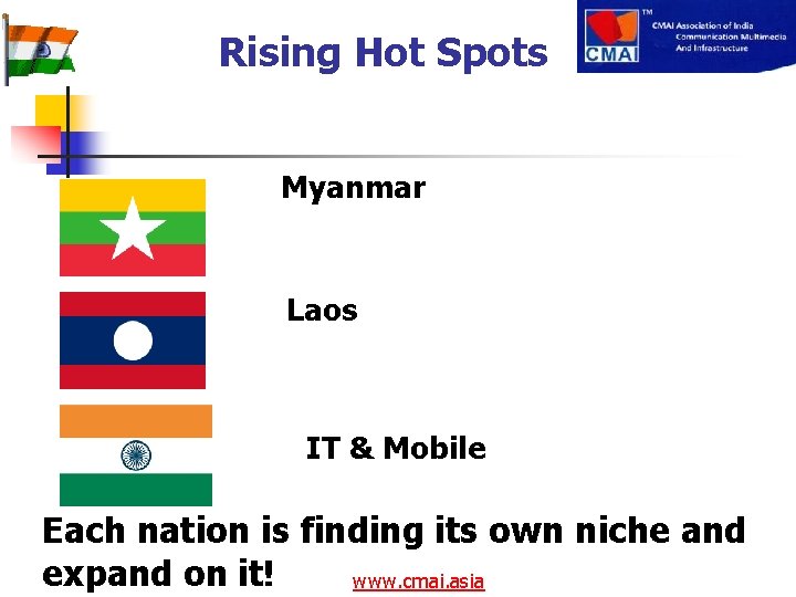 Rising Hot Spots Myanmar Laos IT & Mobile Each nation is finding its own
