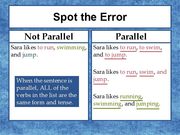 Spot the Error Not Parallel Sara likes to run, swimming, and jump. When the