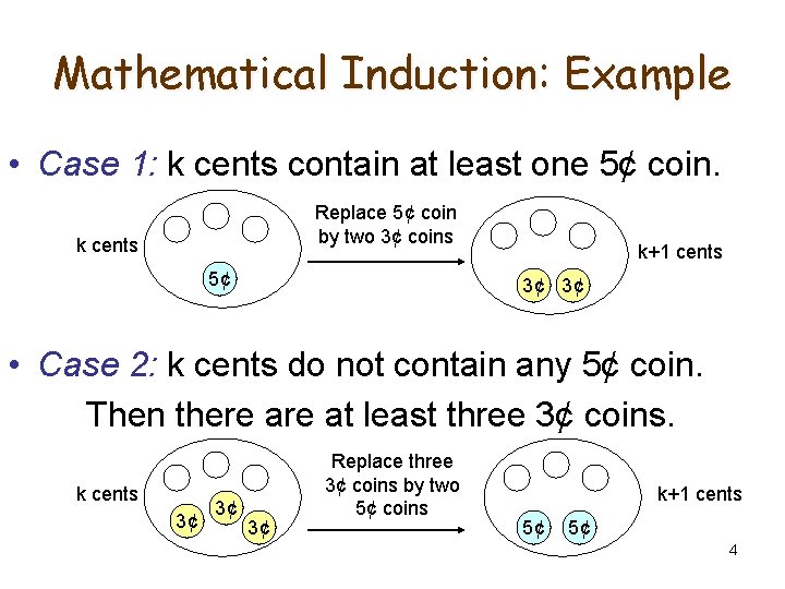 Mathematical Induction: Example • Case 1: k cents contain at least one 5¢ coin.