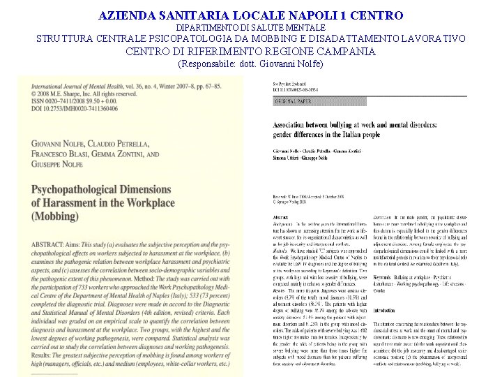 AZIENDA SANITARIA LOCALE NAPOLI 1 CENTRO DIPARTIMENTO DI SALUTE MENTALE STRUTTURA CENTRALE PSICOPATOLOGIA DA