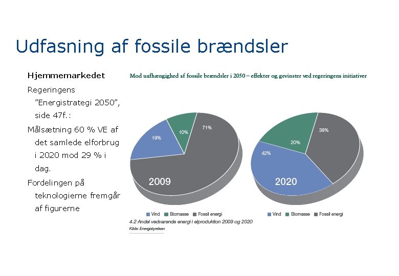 Udfasning af fossile brændsler Hjemmemarkedet Regeringens ”Energistrategi 2050”, side 47 f. : Målsætning 60