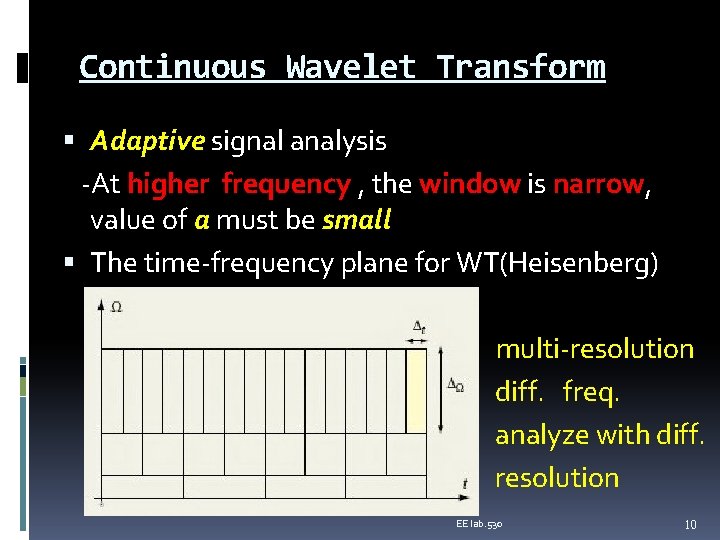 Continuous Wavelet Transform Adaptive signal analysis -At higher frequency , the window is narrow,