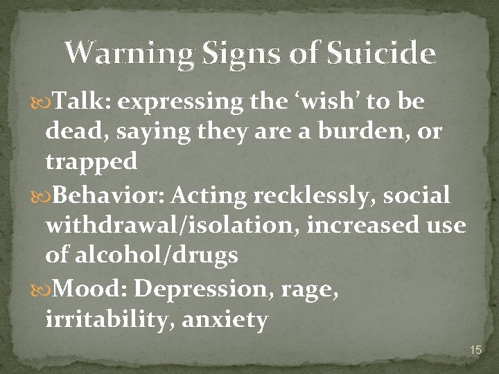 Warning Signs of Suicide Talk: expressing the ‘wish’ to be dead, saying they are