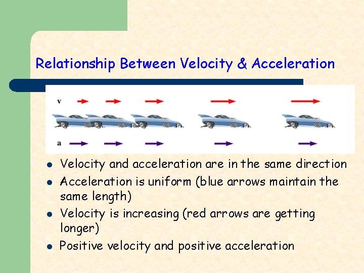 Relationship Between Velocity & Acceleration l l Velocity and acceleration are in the same