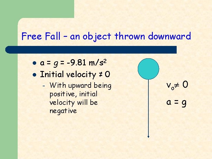 Free Fall – an object thrown downward l l a = g = -9.