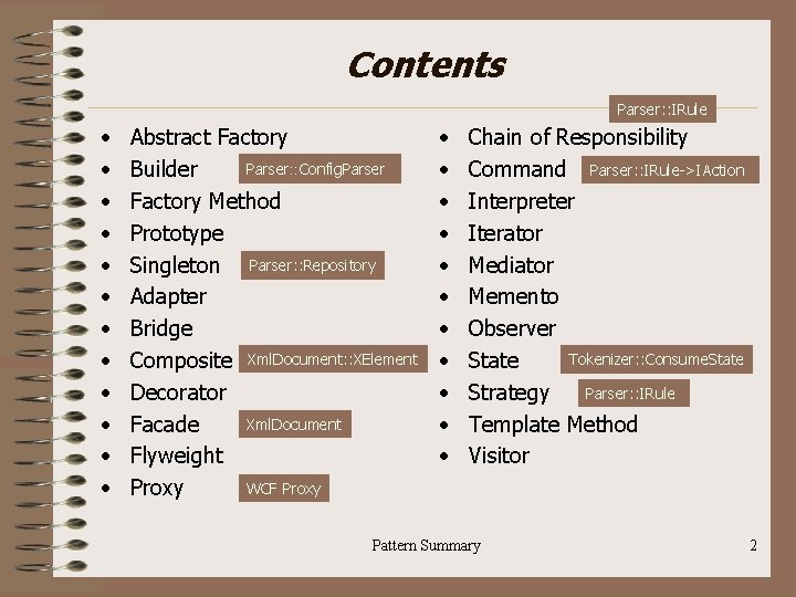 Contents Parser: : IRule • • • Abstract Factory Parser: : Config. Parser Builder