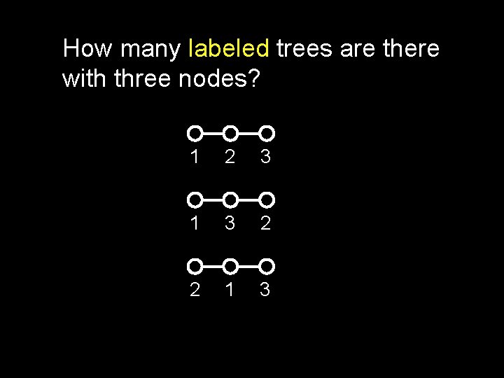 How many labeled trees are there with three nodes? 1 2 3 1 3 How many labeled trees are there with three nodes? 1 2 3 1 3