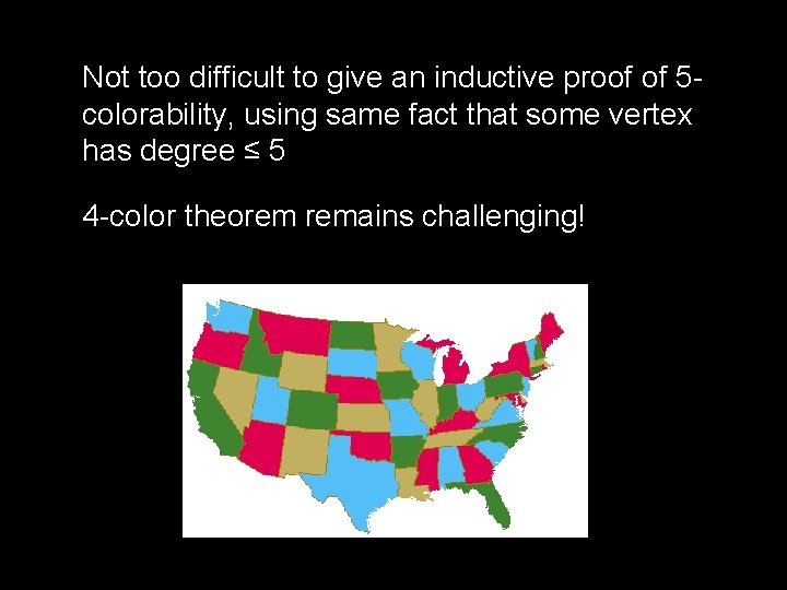 Not too difficult to give an inductive proof of 5 colorability, using same fact Not too difficult to give an inductive proof of 5 colorability, using same fact