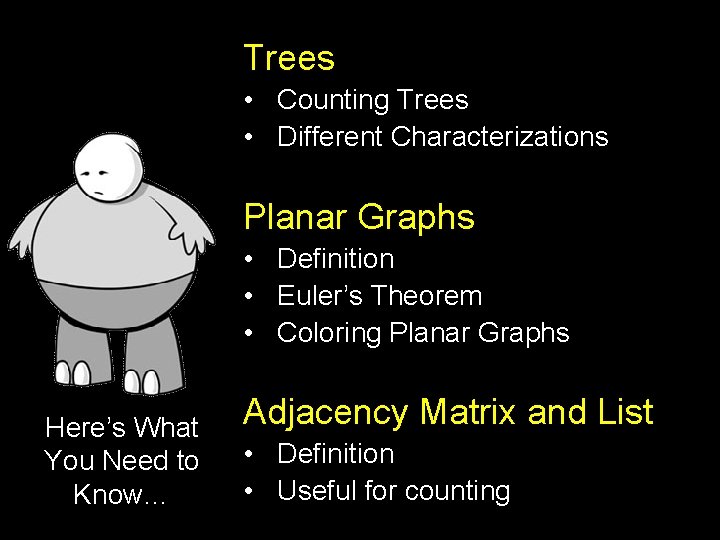 Trees • Counting Trees • Different Characterizations Planar Graphs • Definition • Euler’s Theorem Trees • Counting Trees • Different Characterizations Planar Graphs • Definition • Euler’s Theorem