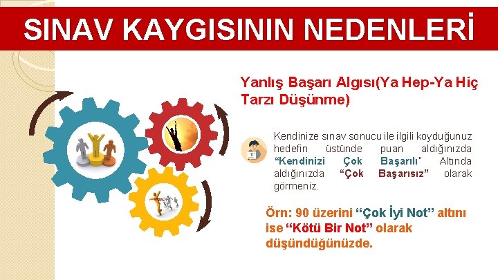 SINAV KAYGISININ NEDENLERİ Yanlış Başarı Algısı(Ya Hep-Ya Hiç Tarzı Düşünme) Kendinize sınav sonucu ile