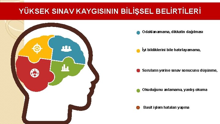 YÜKSEK SINAV KAYGISININ BİLİŞSEL BELİRTİLERİ Odaklanamama, dikkatin dağılması İyi bildiklerini bile hatırlayamama, Soruların yerine