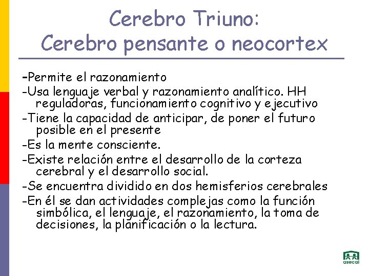 Cerebro Triuno: Cerebro pensante o neocortex -Permite el razonamiento -Usa lenguaje verbal y razonamiento
