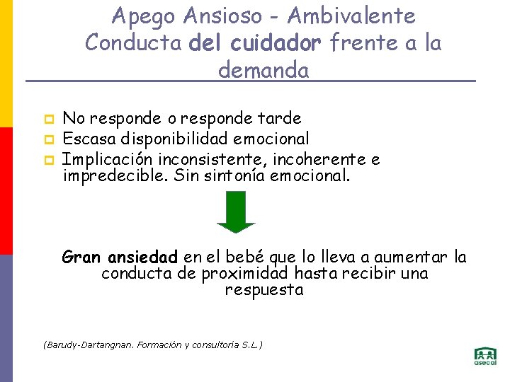Apego Ansioso - Ambivalente Conducta del cuidador frente a la demanda p p p