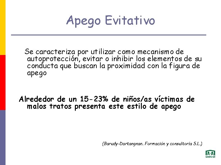 Apego Evitativo Se caracteriza por utilizar como mecanismo de autoprotección, evitar o inhibir los