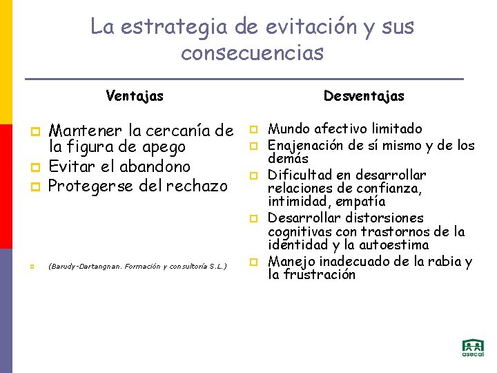 La estrategia de evitación y sus consecuencias Ventajas p p p Mantener la cercanía