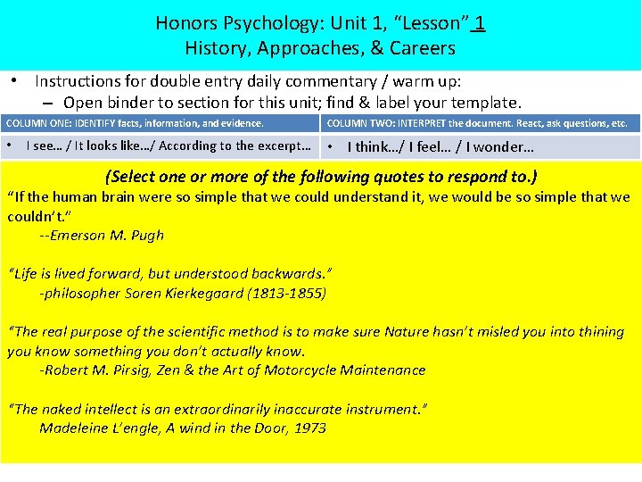 Honors Psychology: Unit 1, “Lesson” 1 History, Approaches, & Careers • Instructions for double