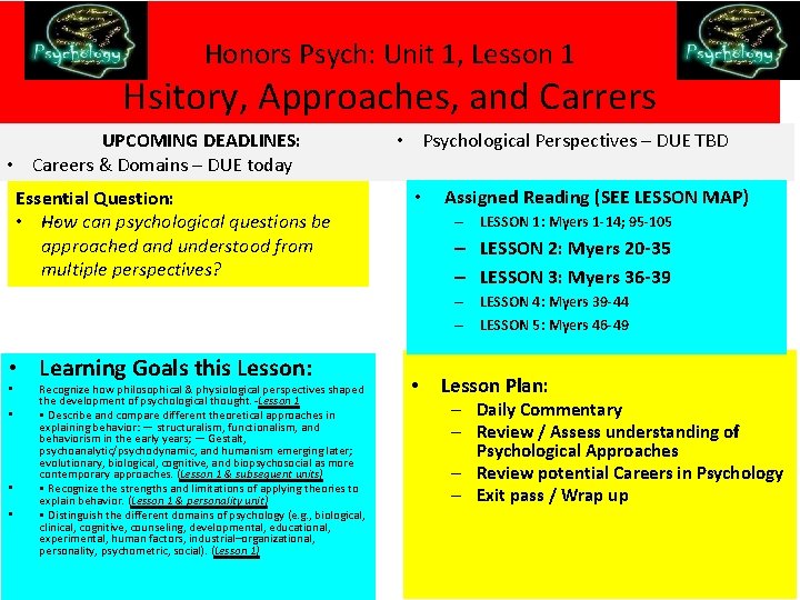 Honors Psych: Unit 1, Lesson 1 Hsitory, Approaches, and Carrers UPCOMING DEADLINES: • Careers