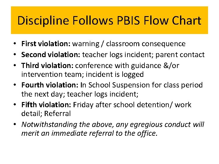 Discipline Follows PBIS Flow Chart • First violation: warning / classroom consequence • Second