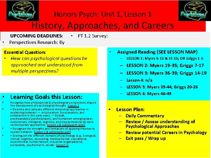 Honors Psych: Unit 1, Lesson 1 History, Approaches, and Careers UPCOMING DEADLINES: • Perspectives