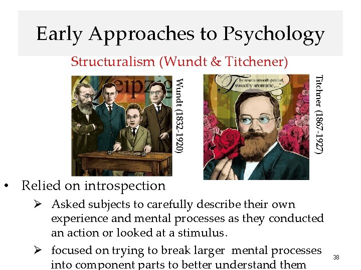 Early Approaches to Psychology Structuralism (Wundt & Titchener) Titchner (1867 -1927) Wundt (1832 -1920)