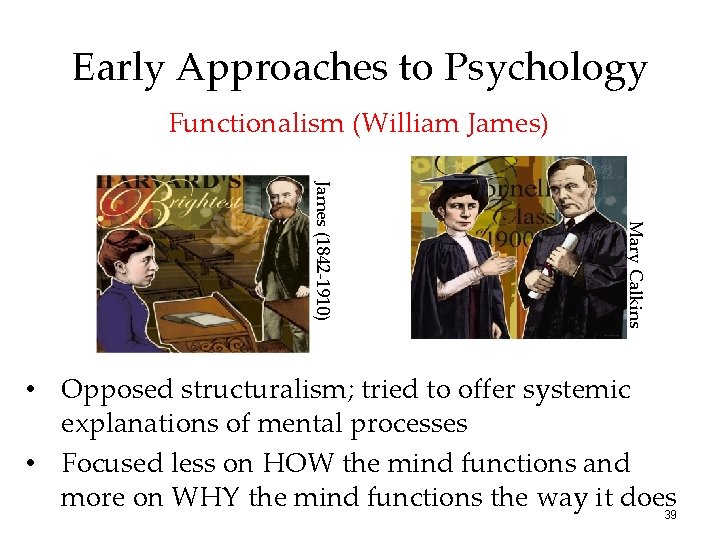 Early Approaches to Psychology Functionalism (William James) Mary Calkins James (1842 -1910) • Opposed