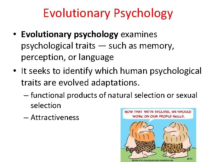 Evolutionary Psychology • Evolutionary psychology examines psychological traits — such as memory, perception, or