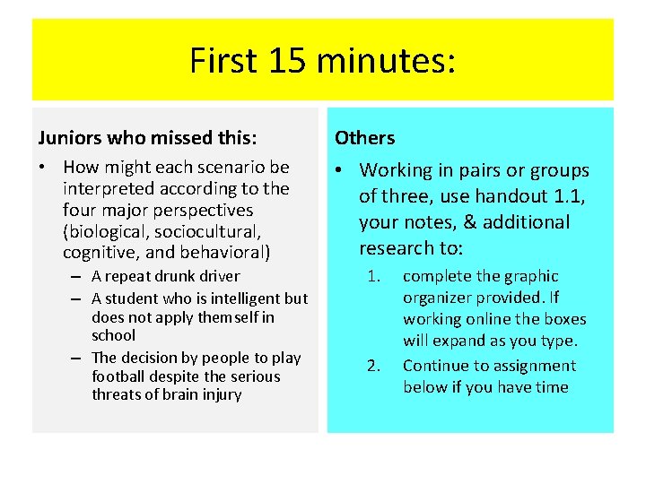 First 15 minutes: Juniors who missed this: Others • How might each scenario be