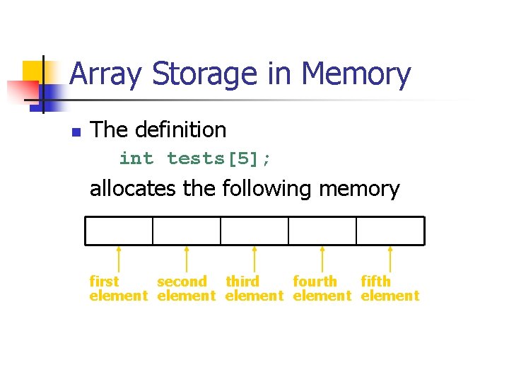 Array Storage in Memory n The definition int tests[5]; allocates the following memory first