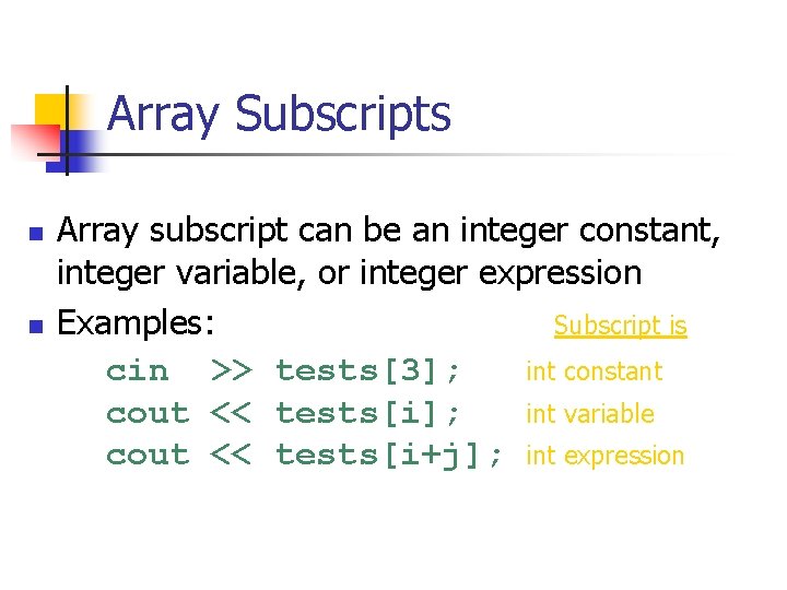 Array Subscripts n n Array subscript can be an integer constant, integer variable, or