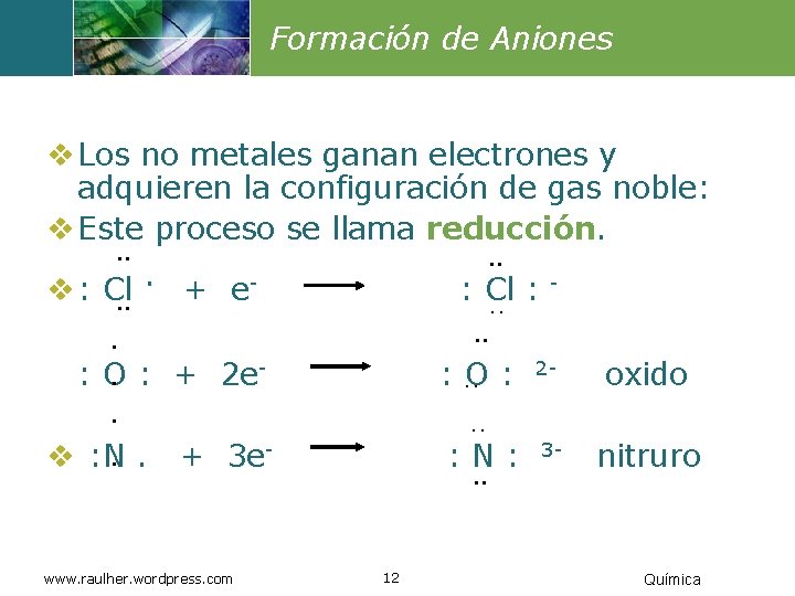 Formación de Aniones . : : : v Los no metales ganan electrones y