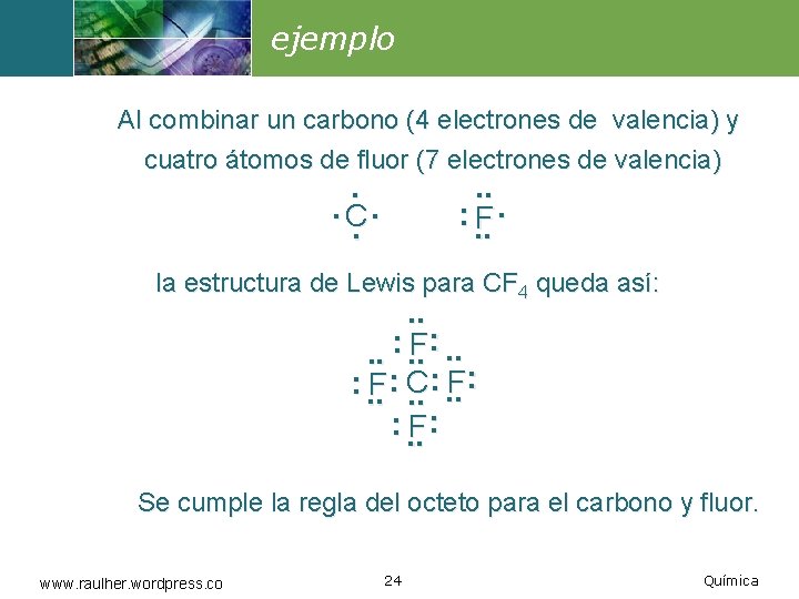 ejemplo Al combinar un carbono (4 electrones de valencia) y cuatro átomos de fluor