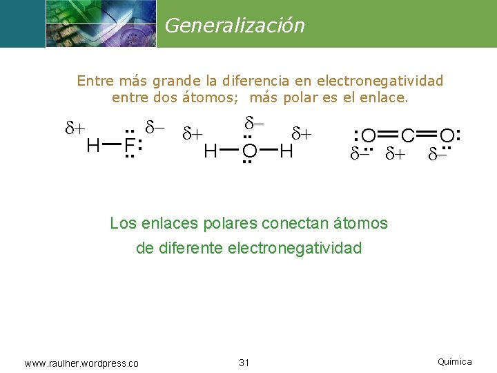 Generalización Entre más grande la diferencia en electronegatividad entre dos átomos; más polar es