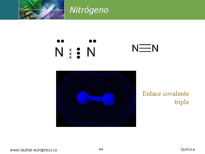 Nitrógeno Enlace covalente triple www. raulher. wordpress. co 44 Química 
