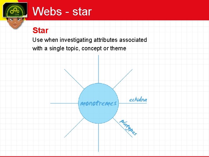 Webs - star Star Use when investigating attributes associated with a single topic, concept