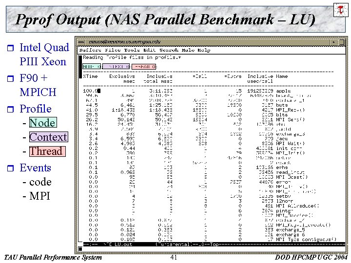 Pprof Output (NAS Parallel Benchmark – LU) r r Intel Quad PIII Xeon F