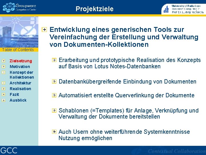 Projektziele Table of Contents Zielsetzung Motivation Konzept der Kollektionen Architektur Realisation Fazit Ausblick Entwicklung