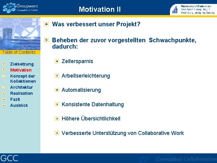 Motivation II Was verbessert unser Projekt? Table of Contents Zielsetzung Motivation Konzept der Kollektionen