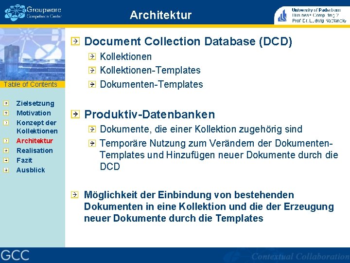 Architektur Document Collection Database (DCD) Table of Contents Zielsetzung Motivation Konzept der Kollektionen Architektur