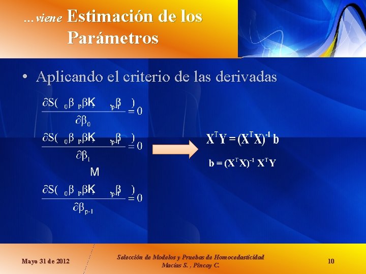 …viene Estimación de los Parámetros • Aplicando el criterio de las derivadas Mayo 31