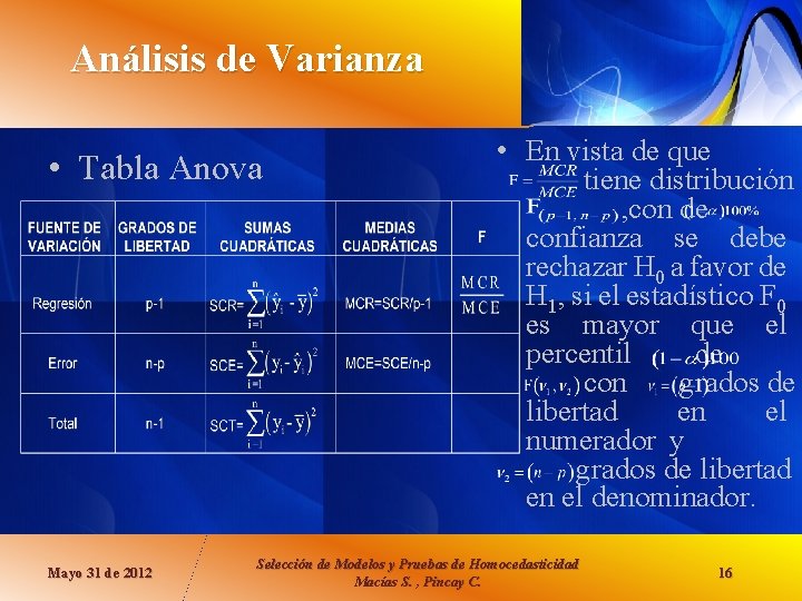 Análisis de Varianza • Tabla Anova Mayo 31 de 2012 • En vista de