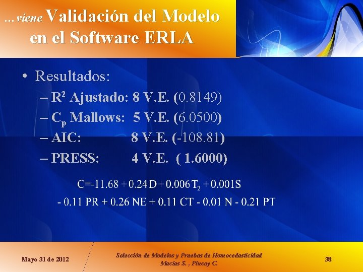 …viene Validación del Modelo en el Software ERLA • Resultados: – R 2 Ajustado: