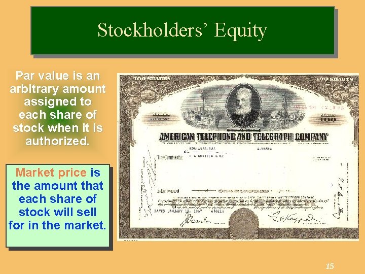 Stockholders’ Equity Par value is an arbitrary amount assigned to each share of stock