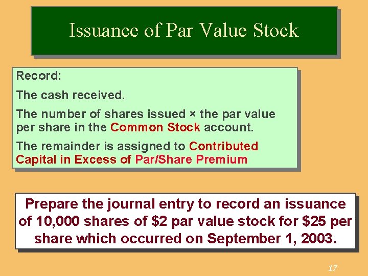 Issuance of Par Value Stock Record: The cash received. The number of shares issued