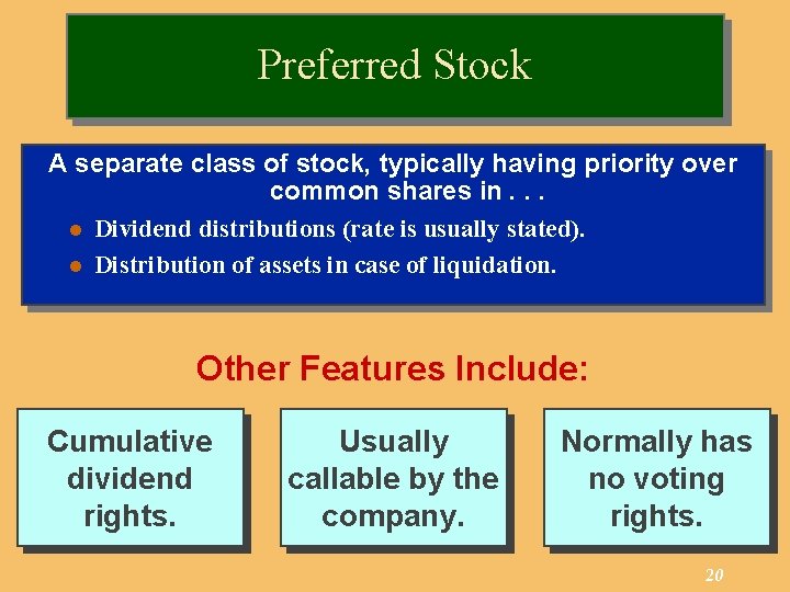 Preferred Stock A separate class of stock, typically having priority over common shares in.
