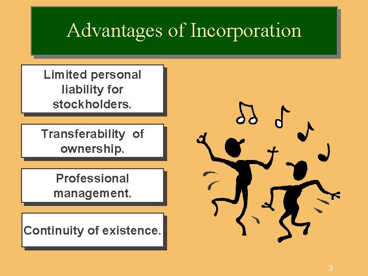 Advantages of Incorporation Limited personal liability for stockholders. Transferability of ownership. Professional management. Continuity